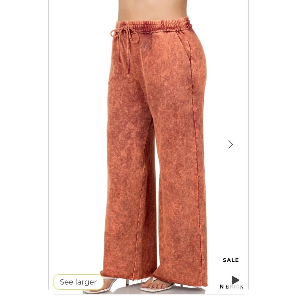 ZENANA  Terry Mineral Washer Drawstring Waist Palazzo Pants Brick/Orange Size S